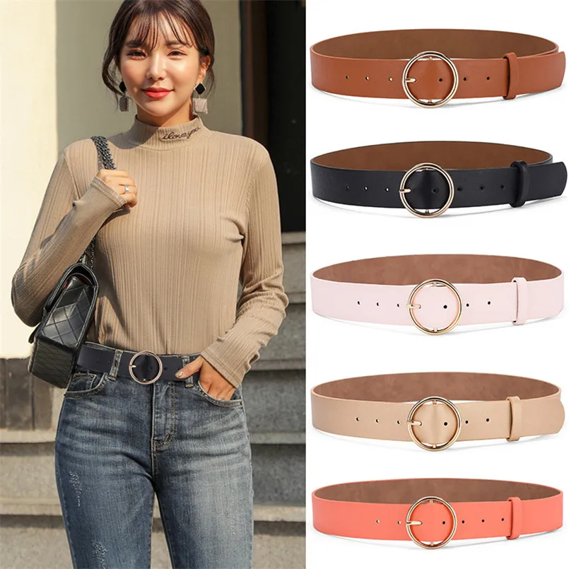 

Women's Waist Belts Round Metal Buckle PU Leather Female Waistband Accesories Fashion Designer Straps Cinto Feminino for Ladies