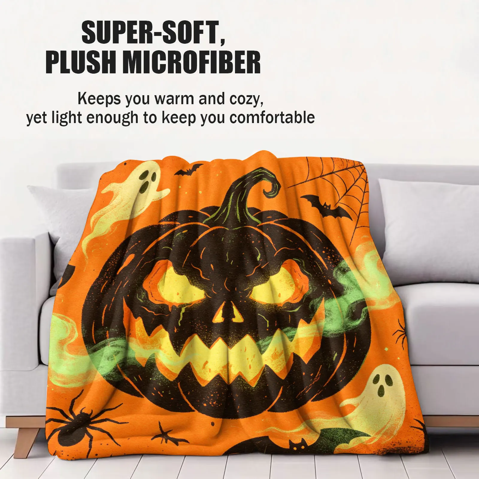Halloween Flannel Throw Blanket Retro Scary Jack‑O'‑Lantern Ghost Bat Spider Web Print Lightweight Warm Sofa Couch Bed Blanket