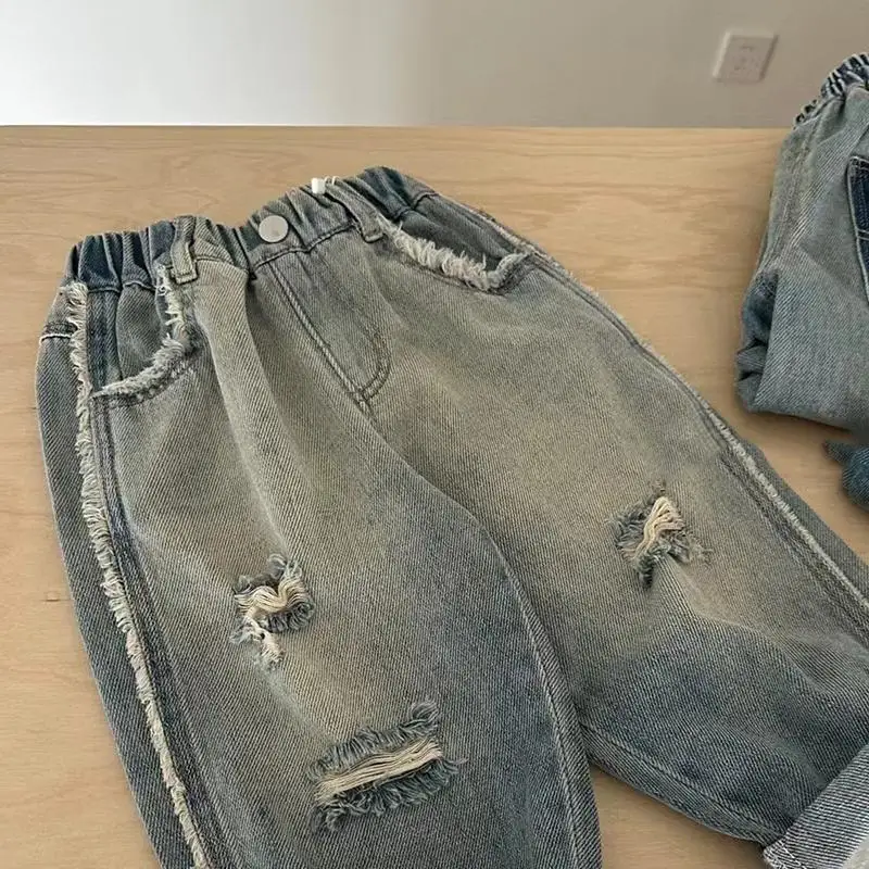 Teens Kids Streetwear Pants Boys Korean Childrens Clothing 2026 Spring New Trousers Straight Cylinder Causal Jeans Elastic Waist