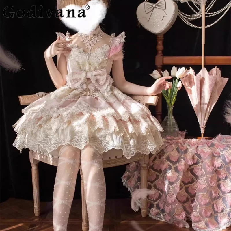 

Платье Princess Pink White Sweet Lolita для женщин, кружевное, с рюшами и бантом, JSK, роскошное, в придворном стиле, для вечеринок, вечерних мероприятий и свадеб