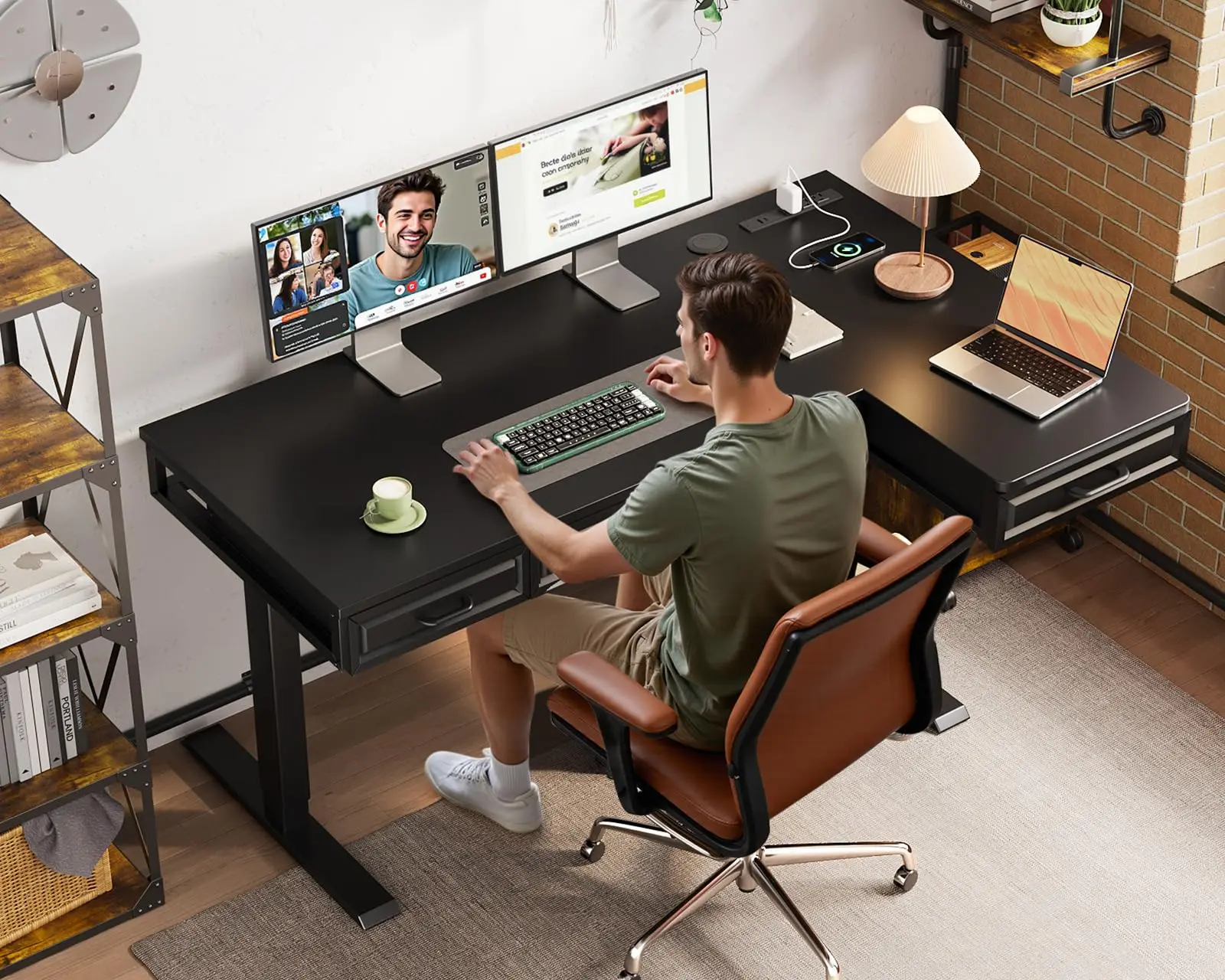 55 Inch L Shaped Standing Desk with 4 Wooden Drawers, Black