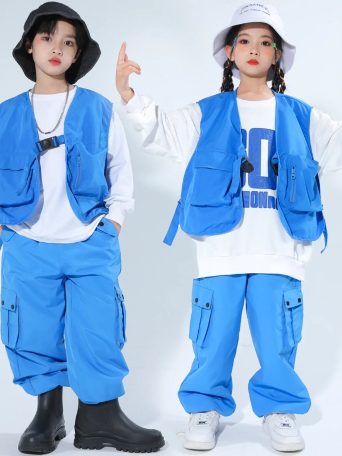 2023 New Jazz Modern Dance Costumes For Kids Blue Vest Hiphop Pants Suit Girls Hip Hop Dance Performance Stage Clothes DQS14496