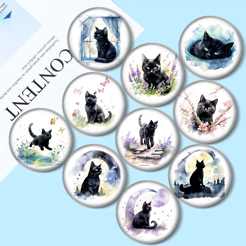 Black Cat Watercolor DIY 10pcs 12mm/16mm/18mm/30mm Round Photo Glass Cabochon 25mm Demo Flat Back Making findings