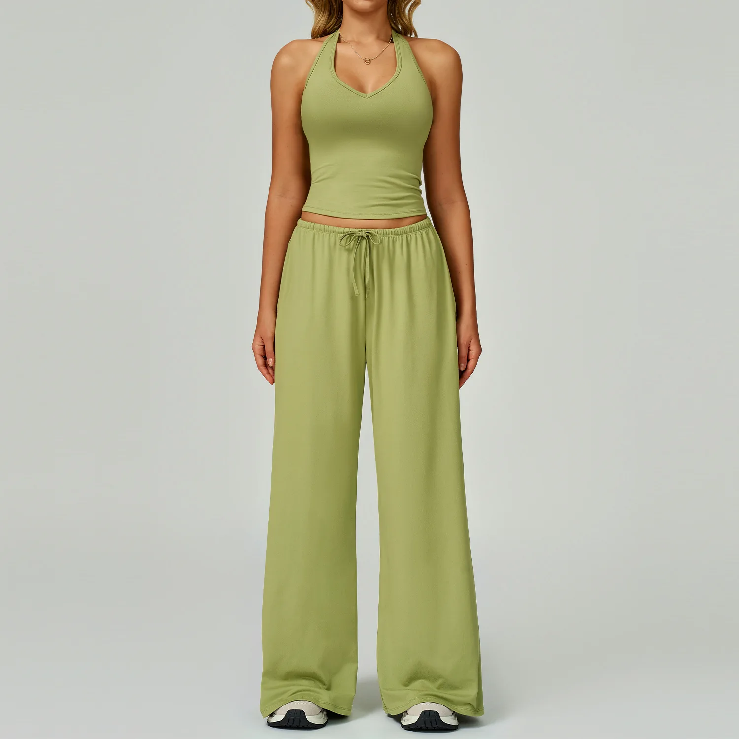 Sanded Yoga Set 2025 New Solid Women Hanging Neck Crop Top High Waist Pants Sports Suit Casual Running Fitness Workout Yoga Set