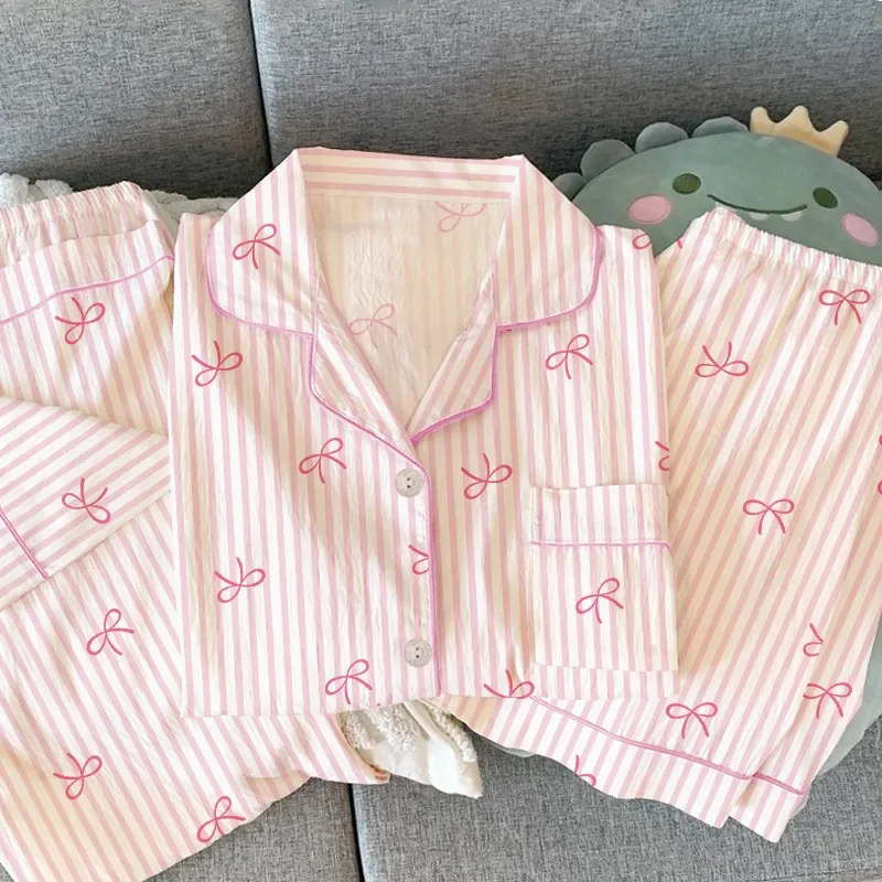 

Women Summer Pajamas Three-piece Set Leisure Sleepwear Short Sleeve Lapel Sweet Bowknot Striped Print Homewear Female Loungewear