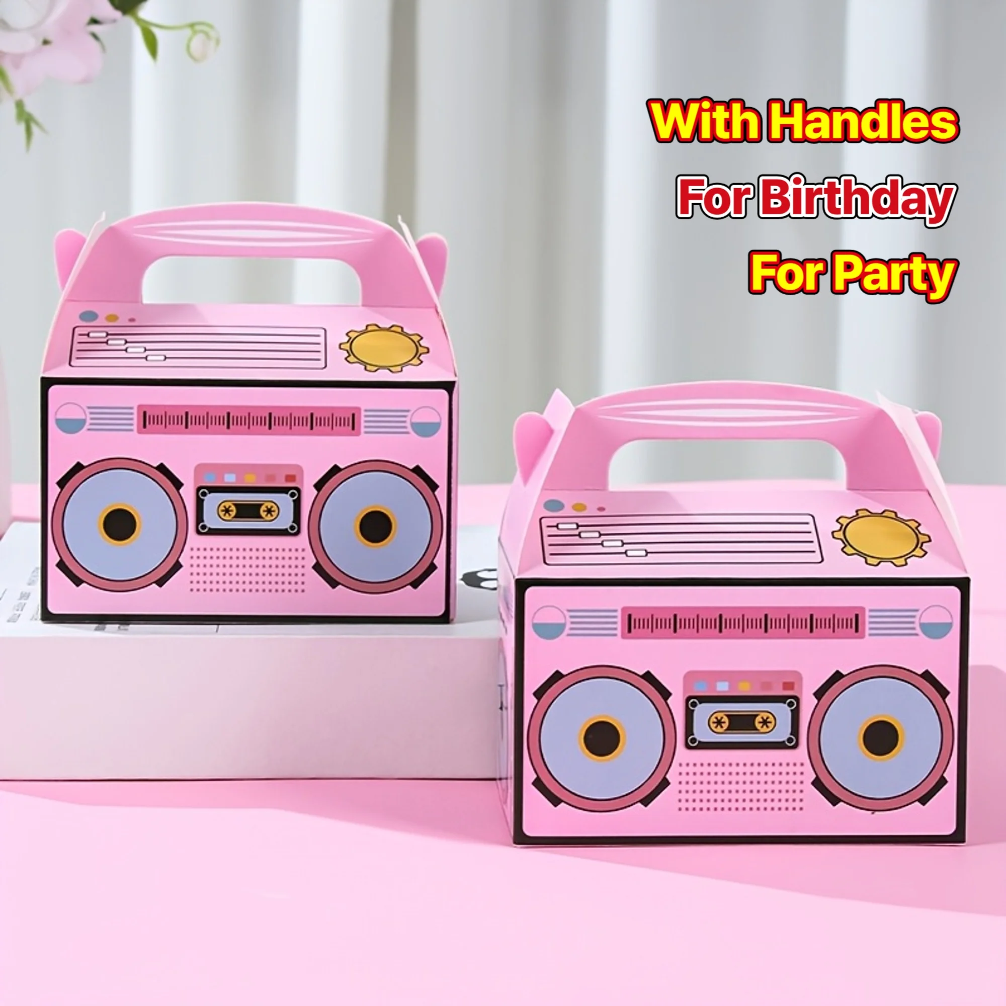 Paquete de 12 Cajas de Dulces con Diseño de Radio Vintage Rosa, Cajas de Regalo para Dulces, Perfectas para Cumpleaños, Fiestas Disco, Hip-Hop, Punk y Rock