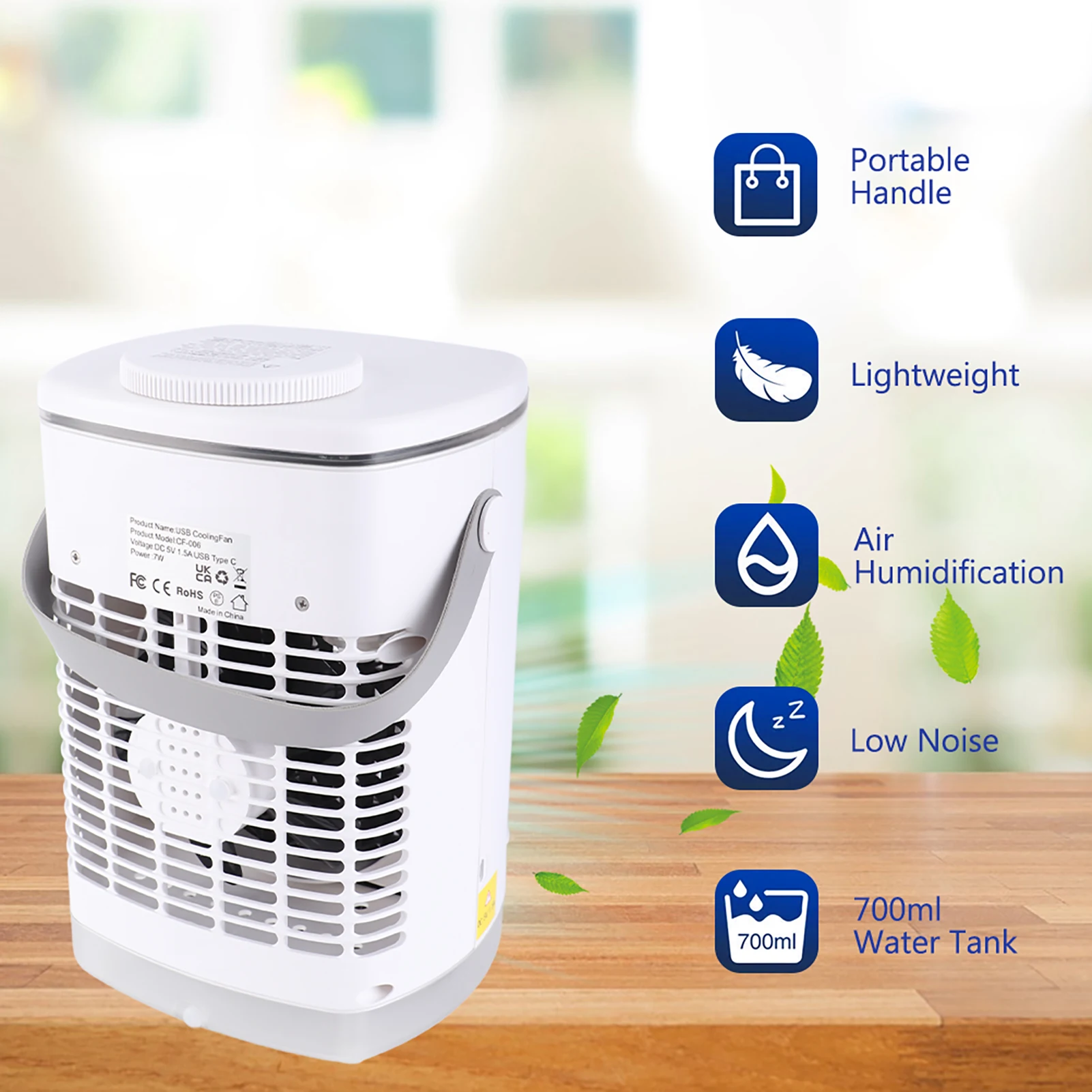 Tragbarer Klimaanlagenventilator für Raumkühlventilator, Luftbefeuchter, 2-Modus-Desktop-Ventilator mit 4 Windgeschwindigkeiten, buntes Nachtlicht