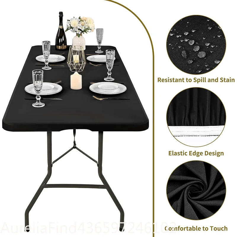 6‑Ft Rectangle Elastic‑Fitted Tablecloth Polyester Washable Folding Table Cover For Home Party Banquet Daily Decor Accessory