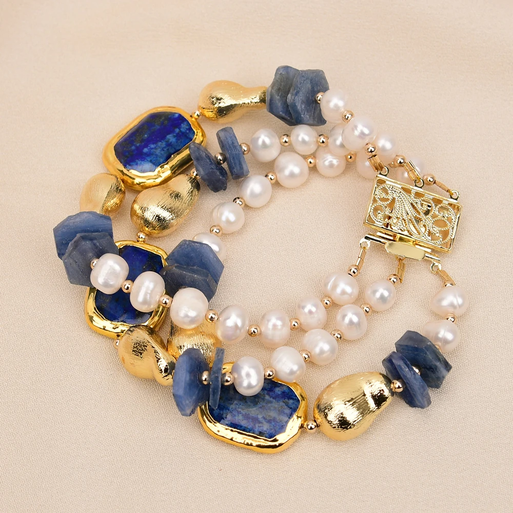 G-G 3 Rows Natural White Pearl Gold Edge Plated Blue Lapis lazuli Kyanite Stone Brushed Beads Bracelet 8'' For Women