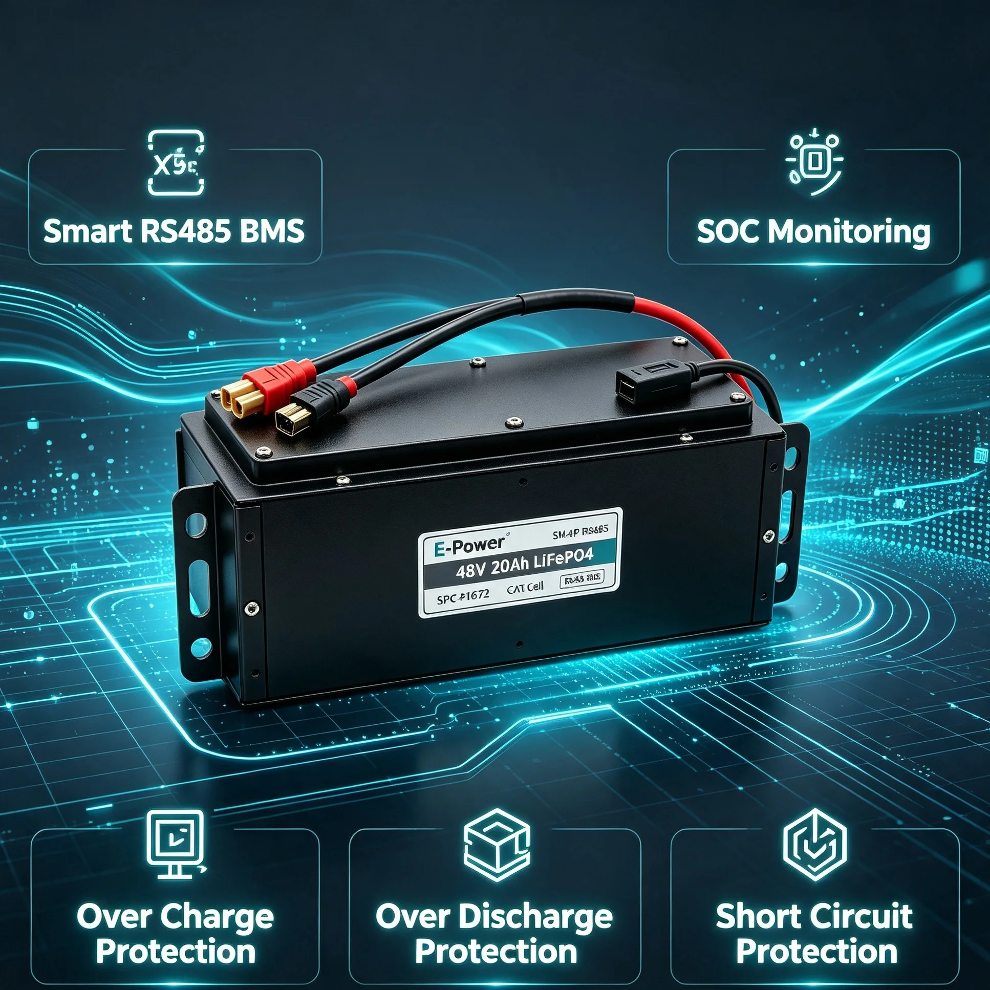 E-Power 48V 20Ah LiFePO4 AGV Battery 960Wh CATL Cell 15S1P RS485 Communication BMS Industrial Robot Storage Battery XT90 Connect