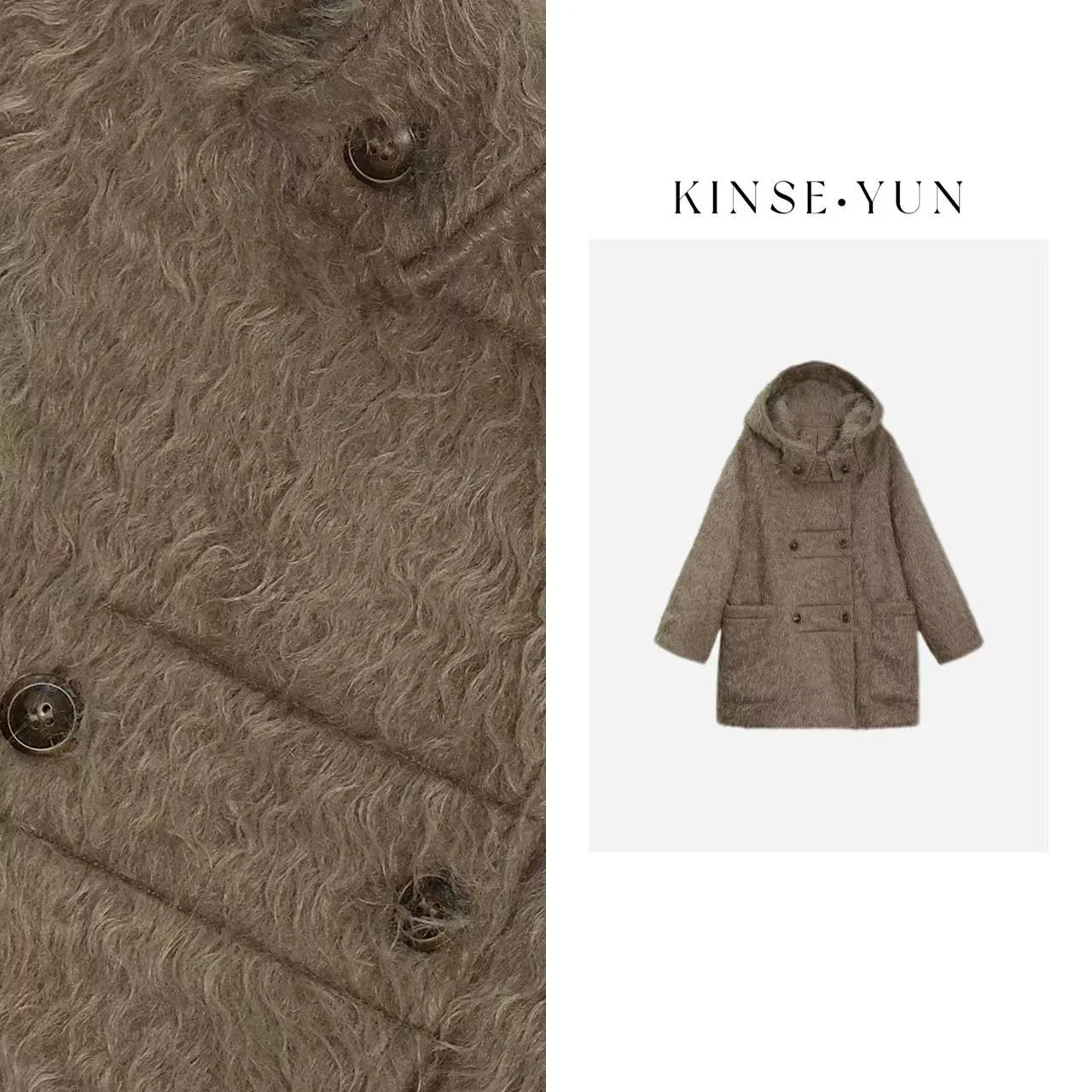 

Пальто из ангоры двубортное с капюшоном, пушистое, для женщин, модное, теплое зимнее пальто