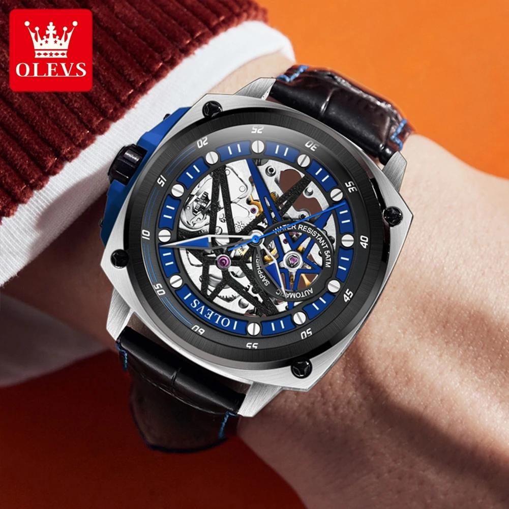 OLEVS Men\'s Watches Double Star Skeleton Original Automatic Mechanical Monvement 50m Waterproof Leather Strap Lunminous Ruby