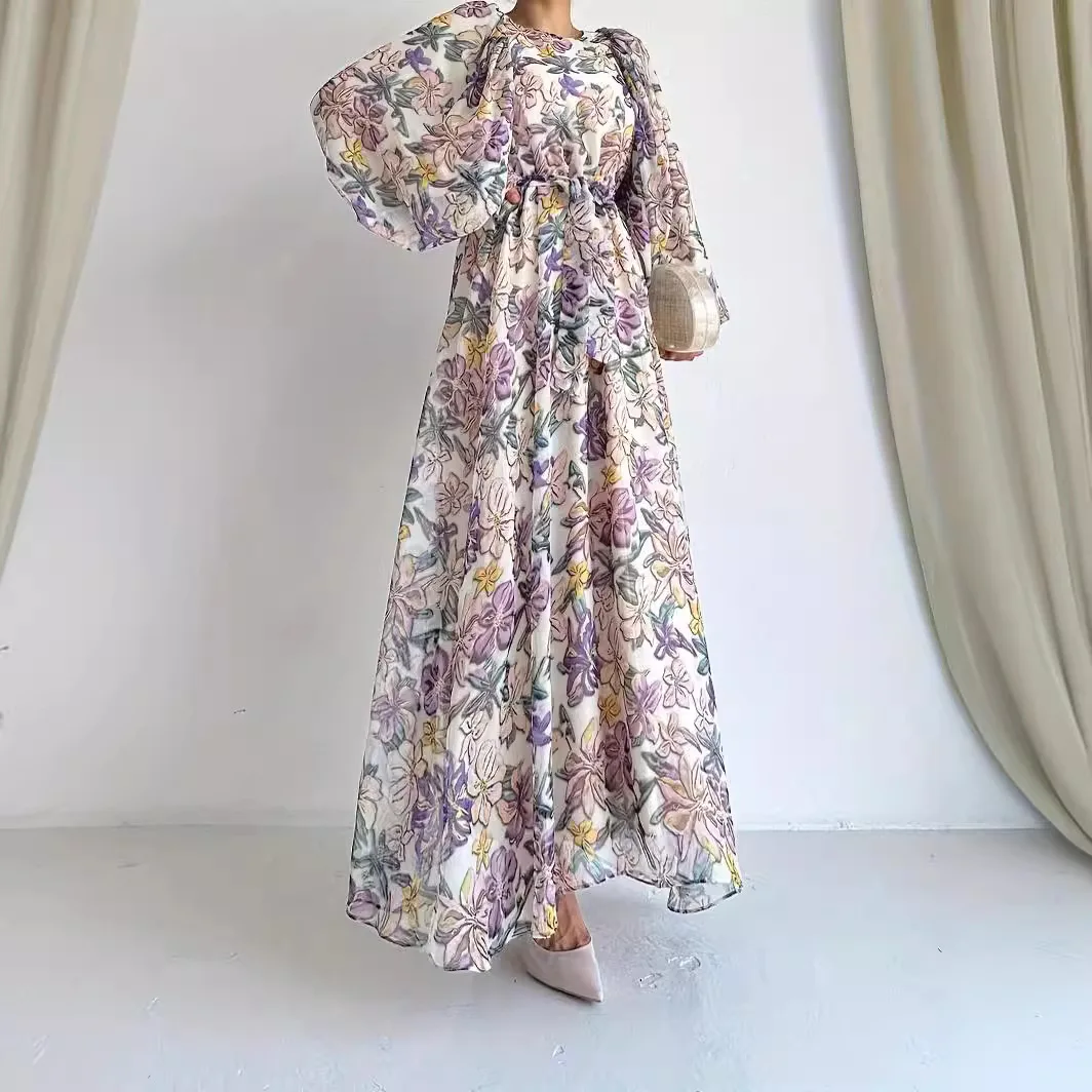 Women Chiffon Muslim Fashion Abaya Big Puff Sleeve Islamic Floral Printed Abaya Dubai Luxury Turkey Islam Clothes Kaftan Robe