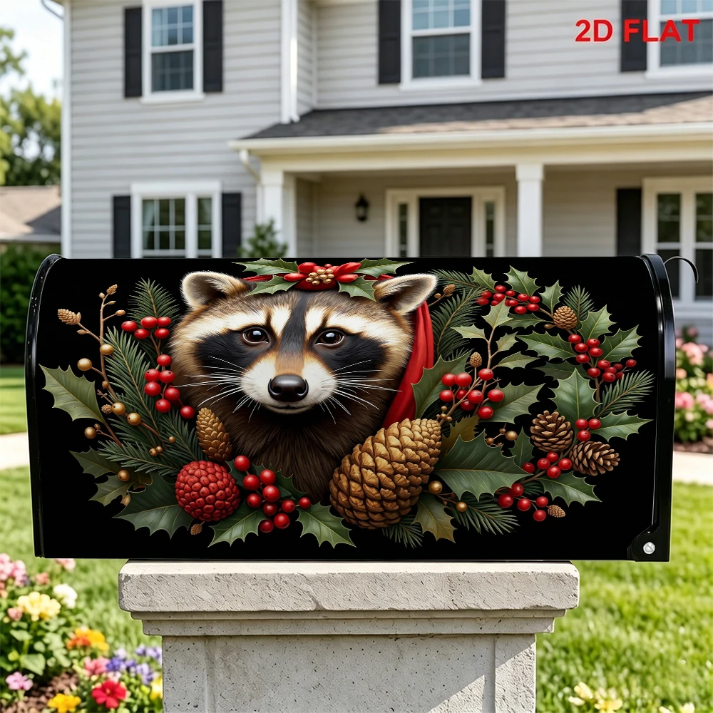 Christmas Raccoon Holly Pinecone Mailbox Cover, Festive Raccoon Berry Leaf Pattern