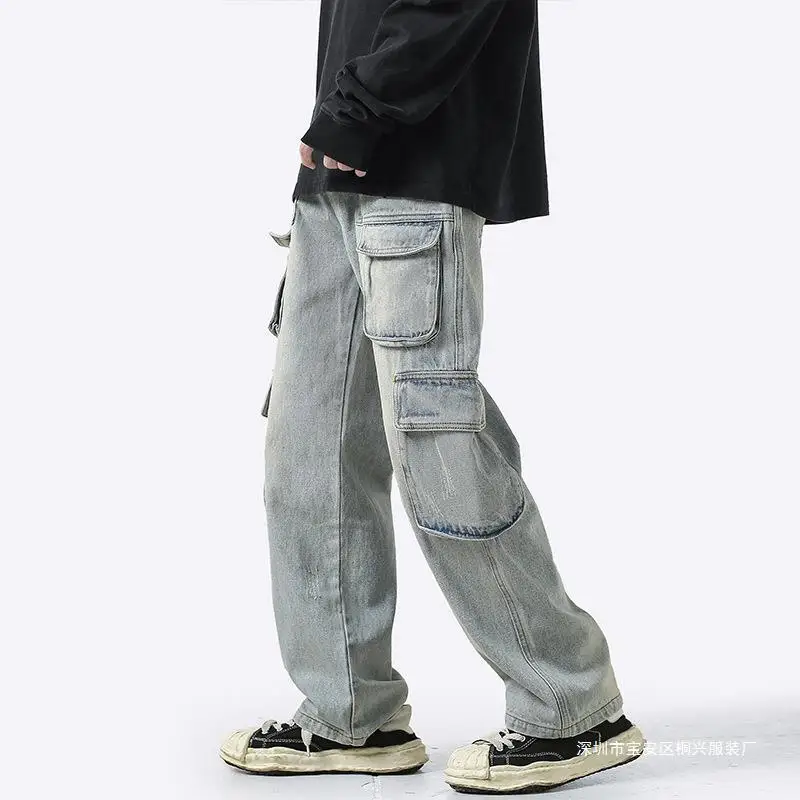 2024 Men's Workwear Jeans Mopping High Street Trendy Multi-Pocket Straight Loose Jeans