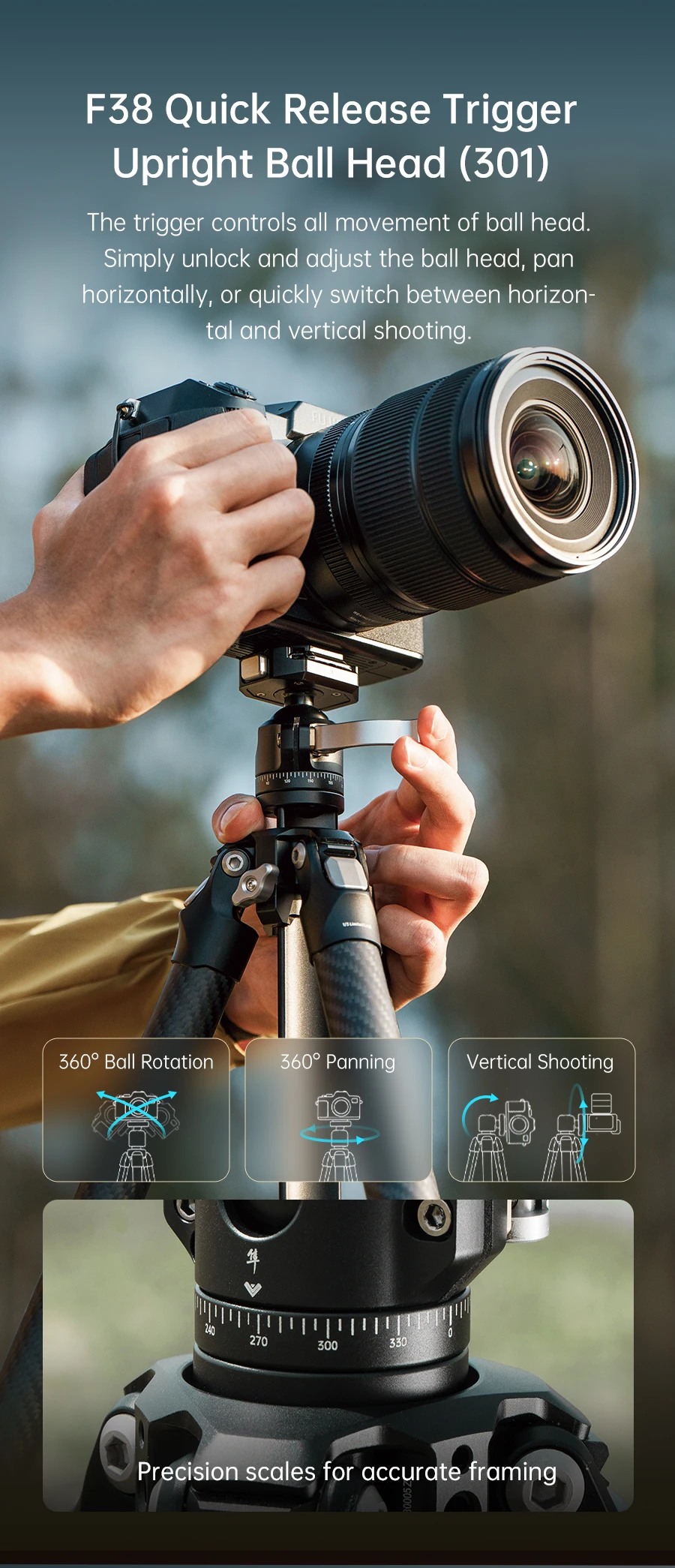 Ulanzi FALCAM TreeRoot Quick Lock Lite Stativ mit F38 Quick Release Upright 360 ° Kugelkopf für DSLR-Kamera, Reisen, Livestreaming – Detail 8
