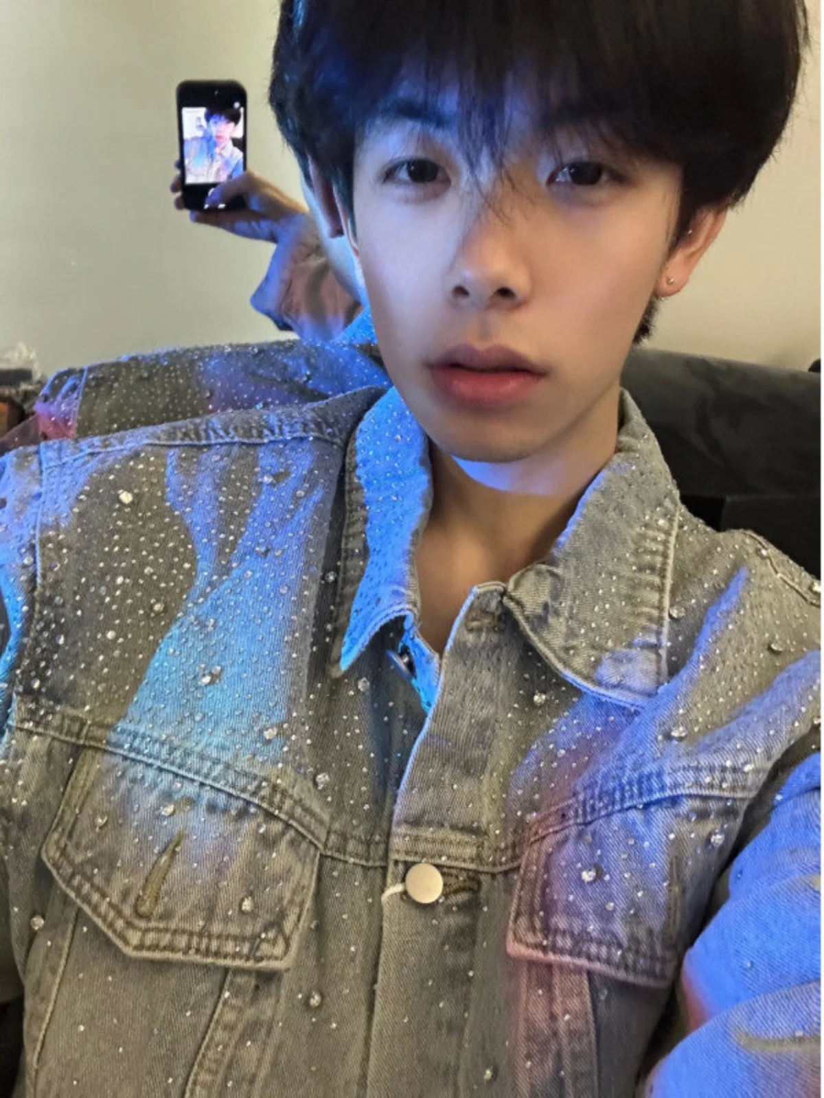 

Tianxing Rhinestone Denim Jaet Men's Spring Autumn Unique Design American High Street Cool Couple Outerwear Loose Fit Fai...