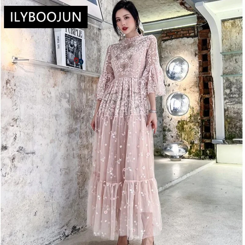 

Elegant Dresses For Women 2023 Luxury Fashion Maxi New Long Flare Sleeve Ruffled Beading Sequined Mesh Flower Embroidery Dress