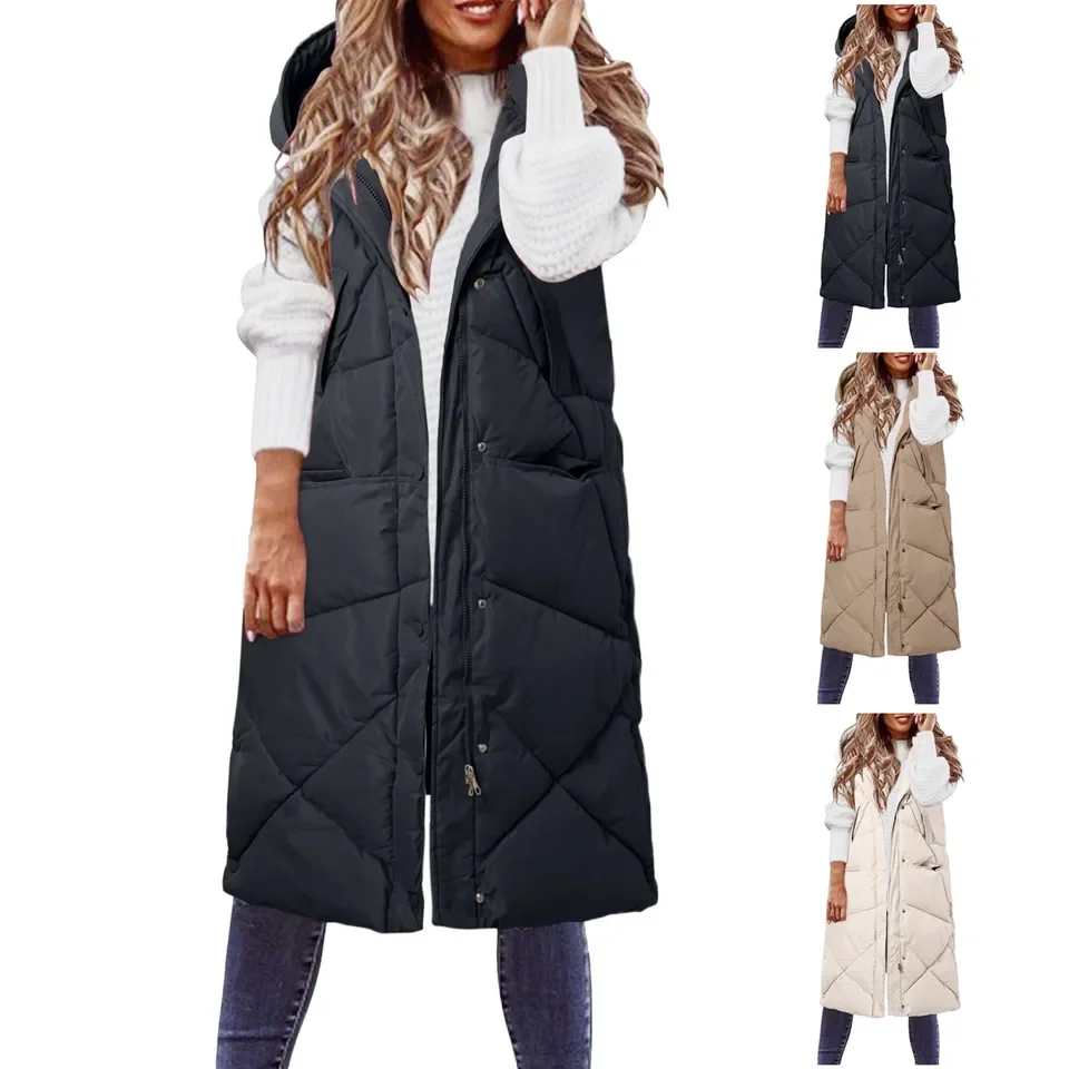 Womens Winter Sleeveless Coat Vest Long Hoodie Warm Down Coat With Pockets Quilted Outdoor Casual Loose Waistcoat For Female