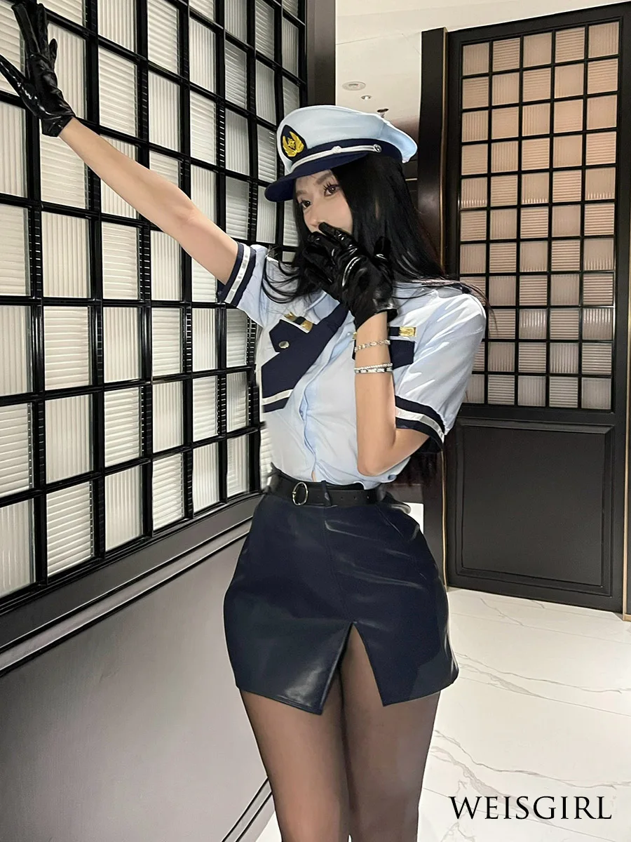 

Sexy Cosplay Navy Style Policewoman Uniform Suit Large Size Flight Attendant Pilot Suit Night Show Pure Desire OL Secretary Suit