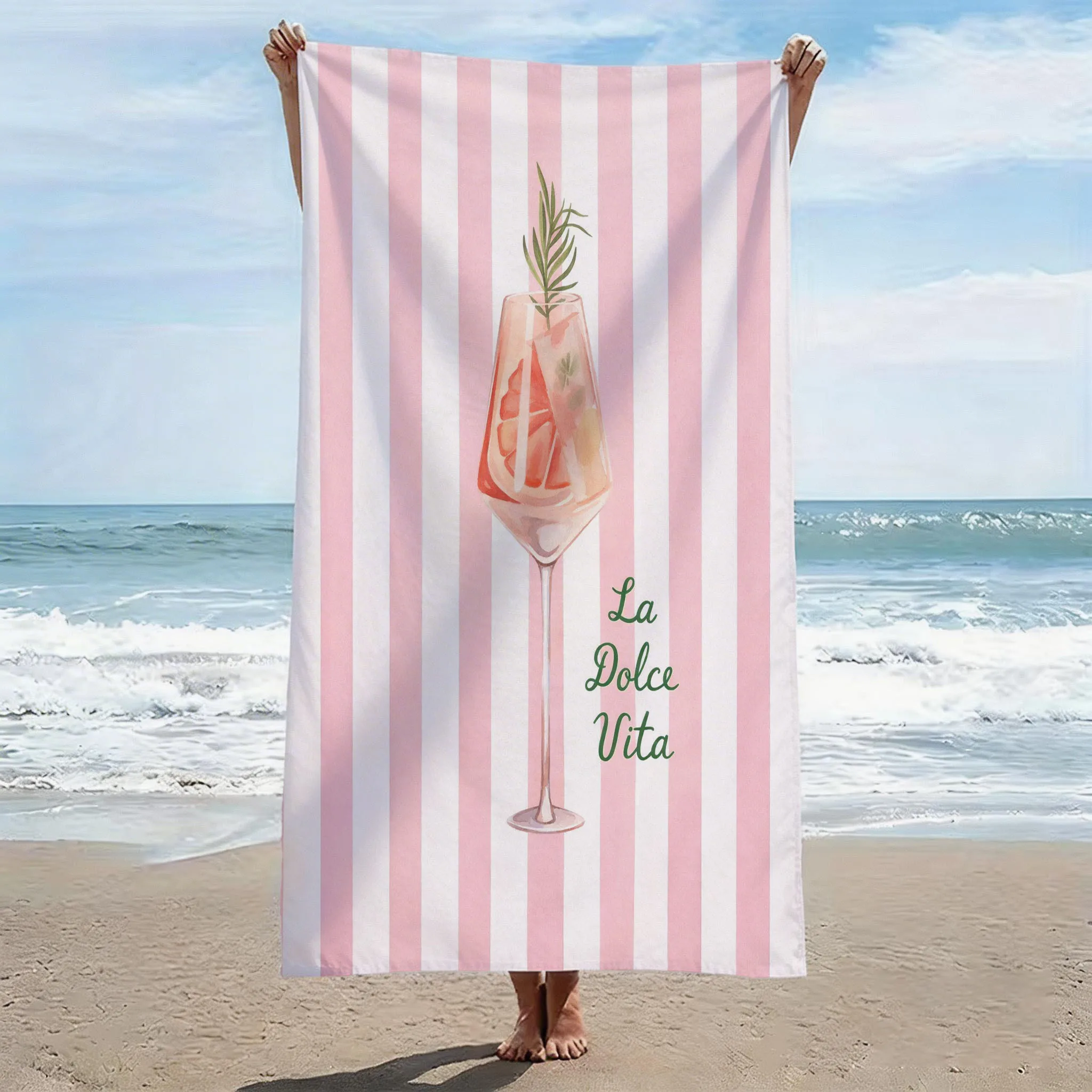 Toalla de Playa de Fibra con Estampado Especial, Suave, Absorbente, de Secado Rápido y Ligera | Pomelo y Romero con Rayas Verticales Rosas y Blancas