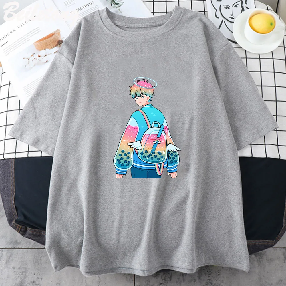 Rainbow Boba T-Shirt Women Popular T Shirt Cartoon Graphic Print Women`s  Clothing Tops Summer Oversized T Shirt Girls Tshirts