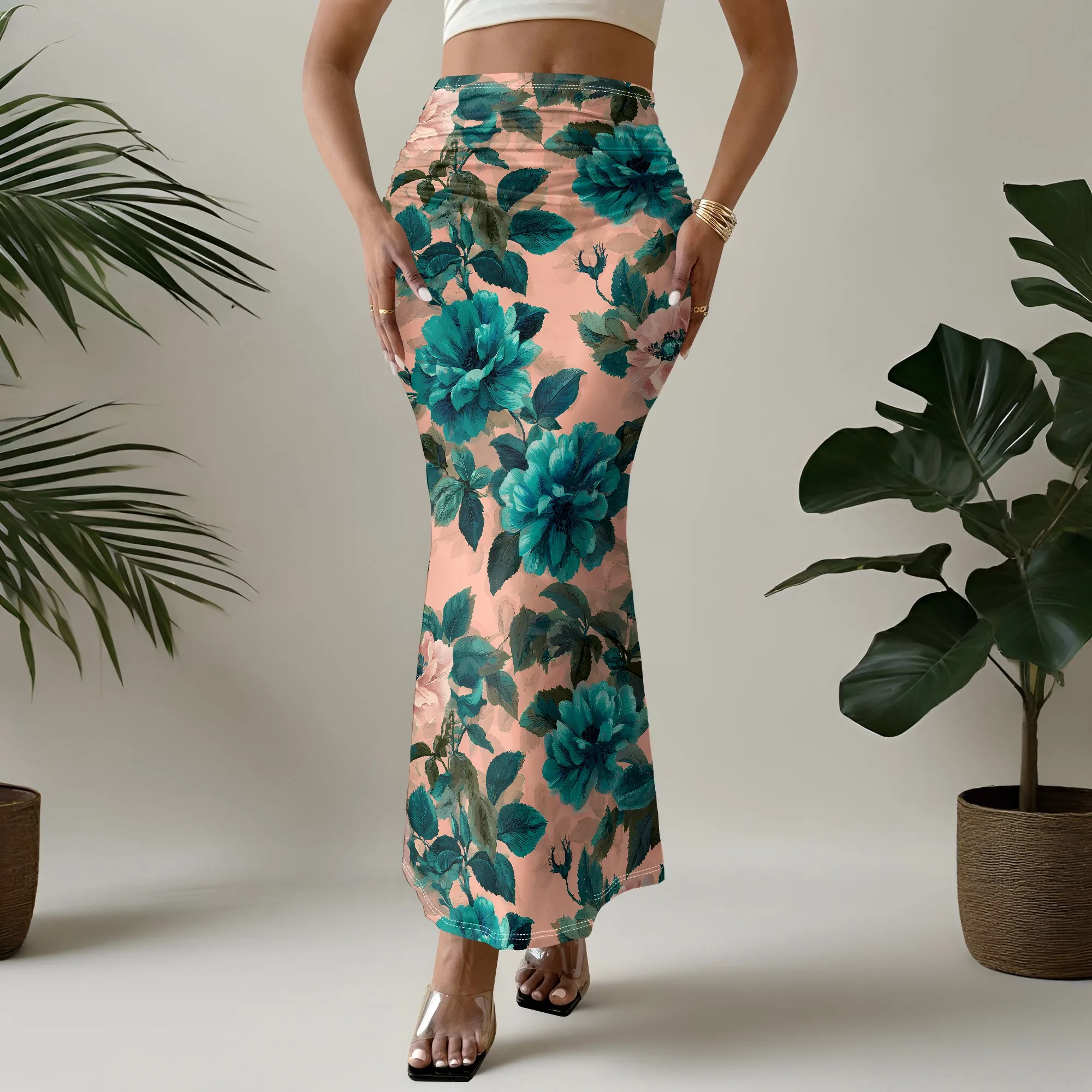 Floral Print Mermaid Skirt, Pink Teal Rose Pattern Bottoms, High Waist Bodycon Dressy Skirt for Women Summer Beach Party, S-3XL