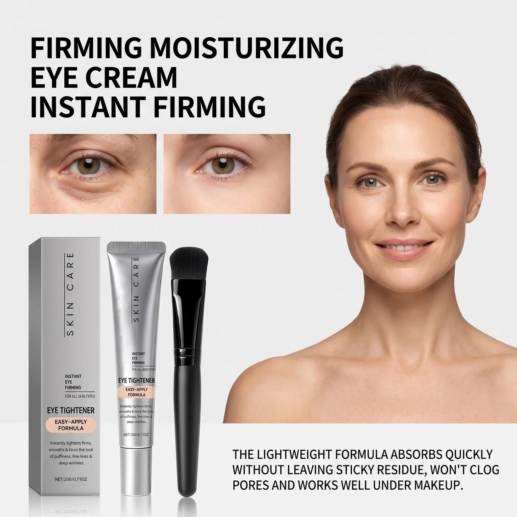 Instant Eye Tightener Cream With Brush,Firm Smooth Skin Reduce Wrinkle& Fine Lines Improve Tired Eye Look Minimize Under Eye Bag