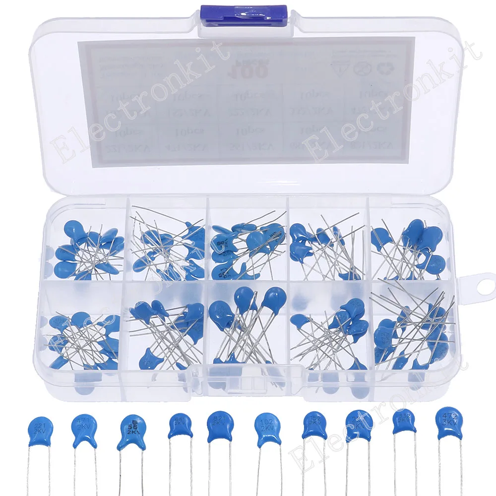 100pcs 10Value 2KV high voltage Ceramic-dielectric Capacitor Assortment Kit Box 221 471 561 681 821 102 152 222 332 472
