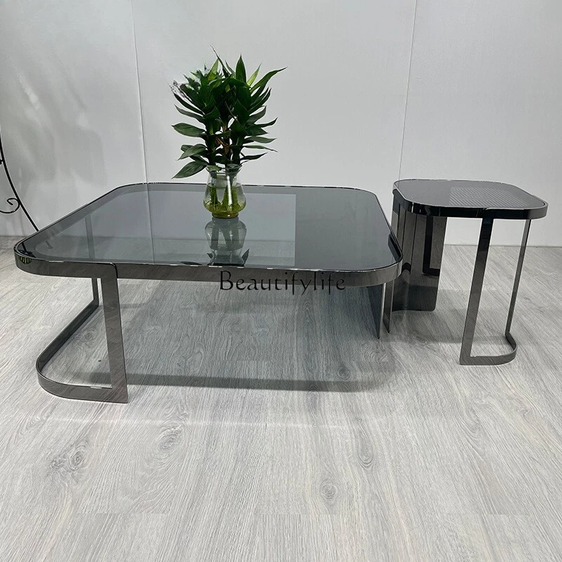 

*Minimal Italian stainless steel light luxury coffee table size combination glass square tea table