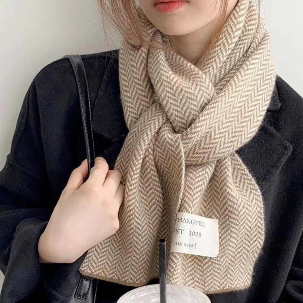 Winter Scarf Thickened Knitted Color Matching Printed Elastic Stay Warm Anti-shrink Lady School Outdoor Scarf Clothes