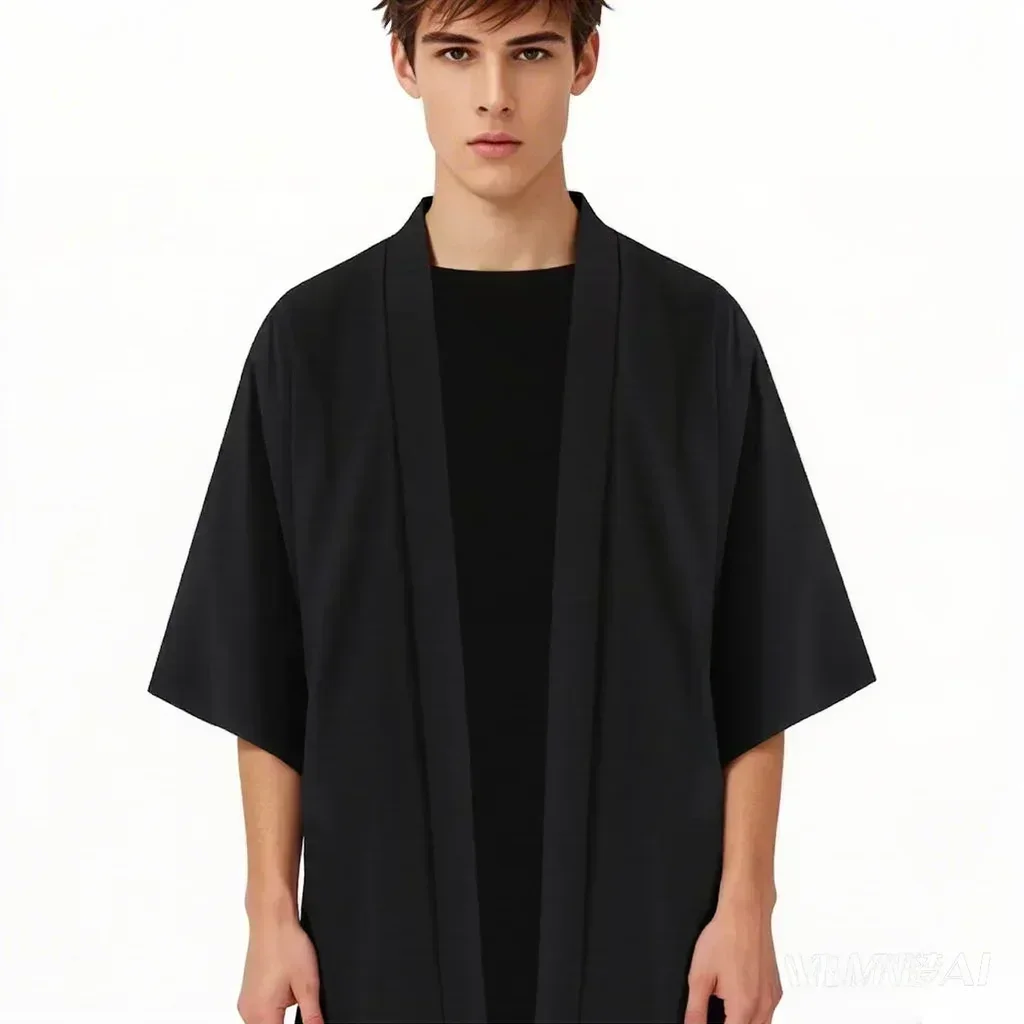 Men's Japanese Kimono Shirts Casual Open Stitch Lightweight Yukata Fashion Black Cardigan 3/4 Sleeve Outwear for Summer Vacation