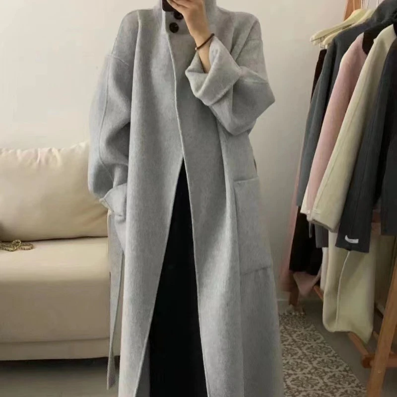 Reversible Wool Jacket Women Tweed Jacket Loose Stand Collar Coat Korean Fashion Luxury Long Coat High Quality AutumnWinter 2024