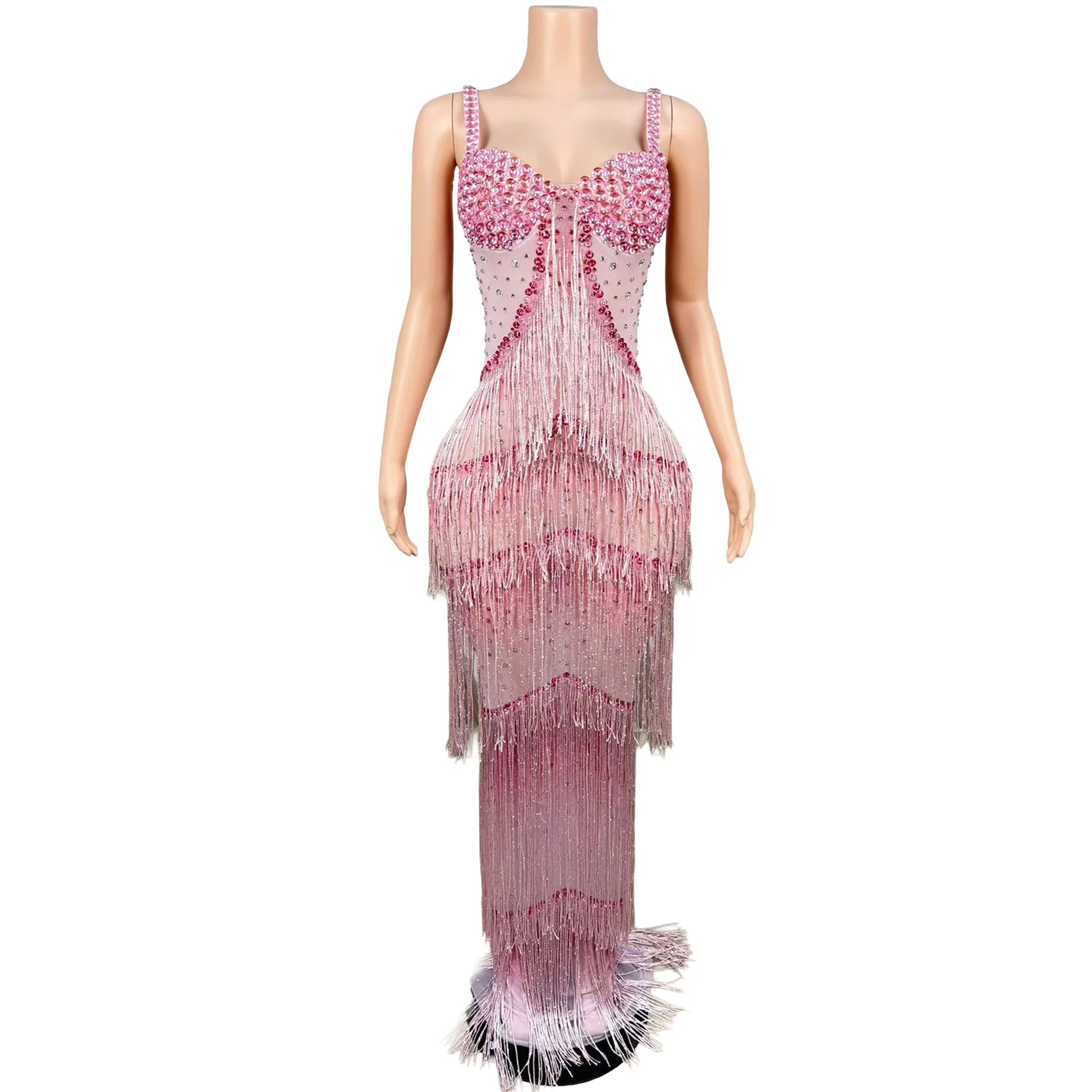 Lantian Sparkly Pink Rhinestone Layered Fringe Mermaid Dress Sweetheart Neck Sheer Mesh Pageant Evening Gown