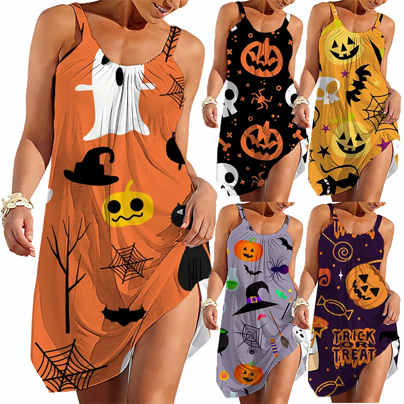 Halloweeen PumpkinTraf Gothic Horror Vestido 3D Printed Sleeveless Beach Dresses Camisole Women's Ghost Costum Y2K Hawaiian 2023