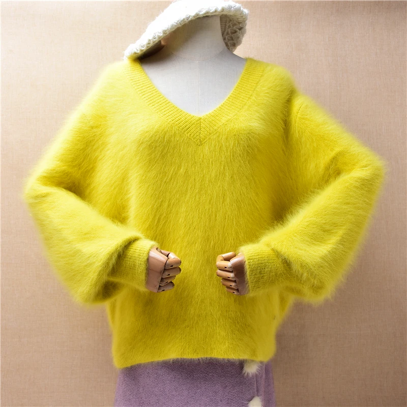 

Female Women Fall Winter Thick Warm Hairy Mink Cashmere Knitted Long Lantern Sleeves V-Neck Loose Pullover Angora Sweater Jumper