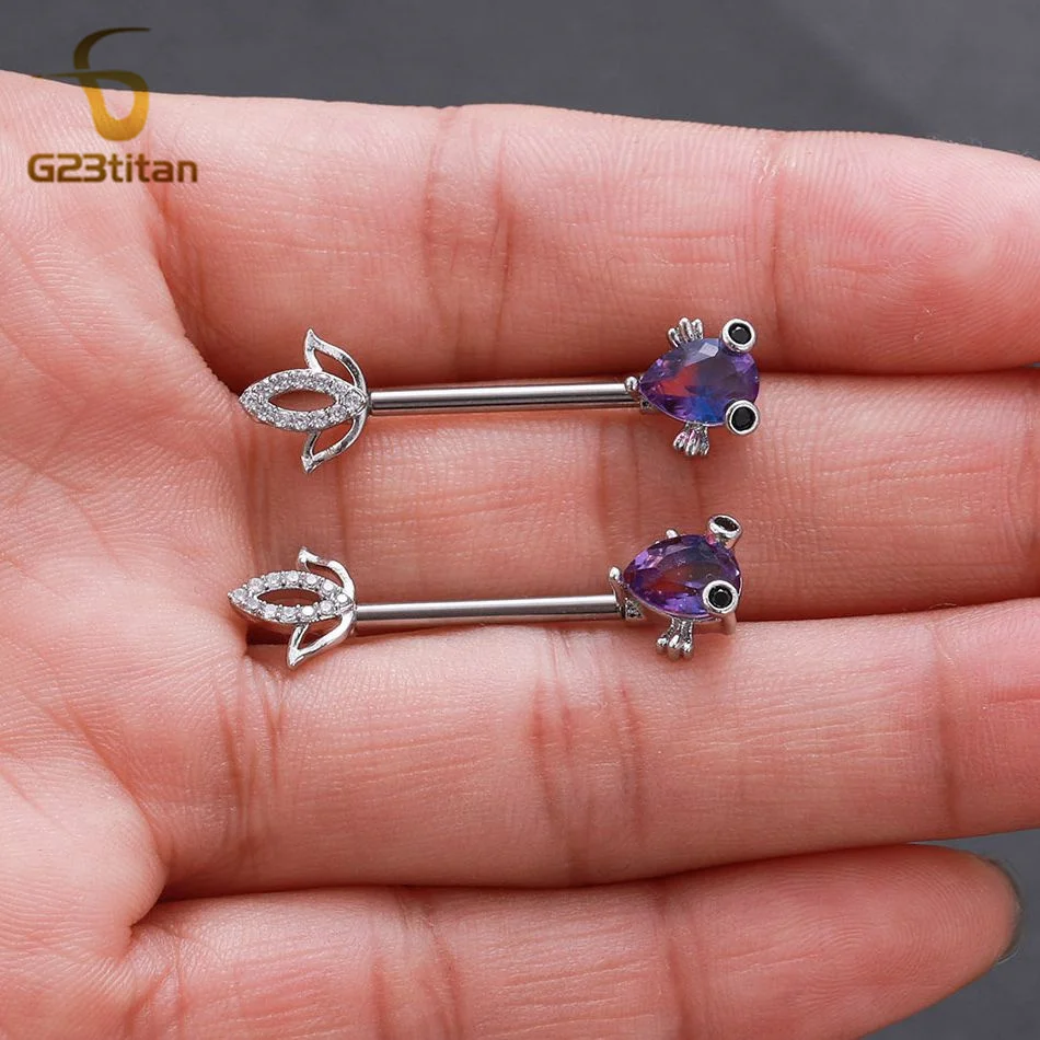 2pcs Blue Zircon Fish Nipple Rings 14G Staight Barbell Hypoallergenic Surgical Titanium Nipple Piercing Jewelry Sexy Ornament