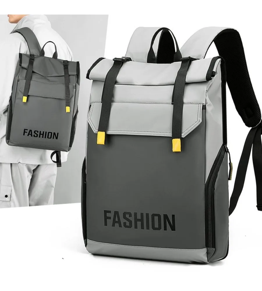 grey black color block roll top laptop backpack anti splash wear resistant schoolbag for daily travel and casual use