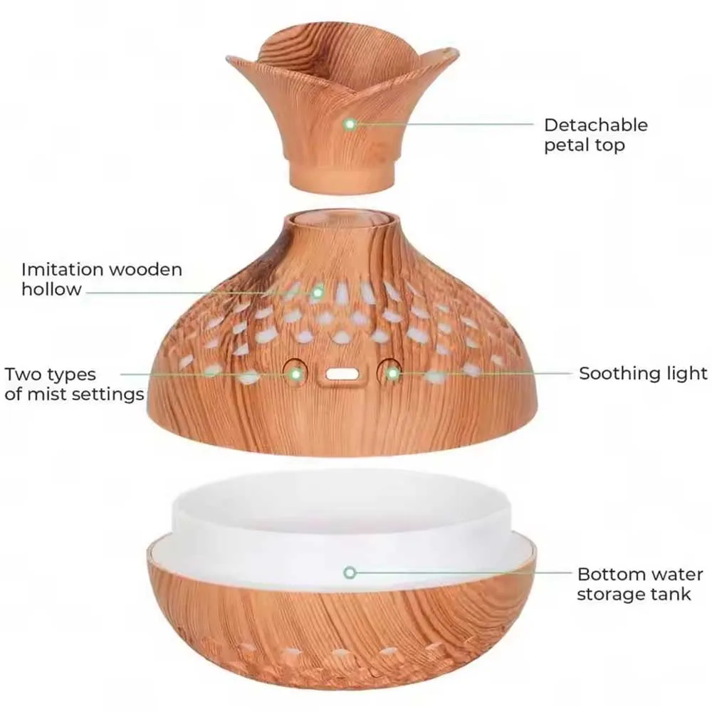 Wood-grain Vase-Shaped Humidifier, Colorful Night Light Aromatherapy Diffuser, High-Output LED Ambient Light Humidifier