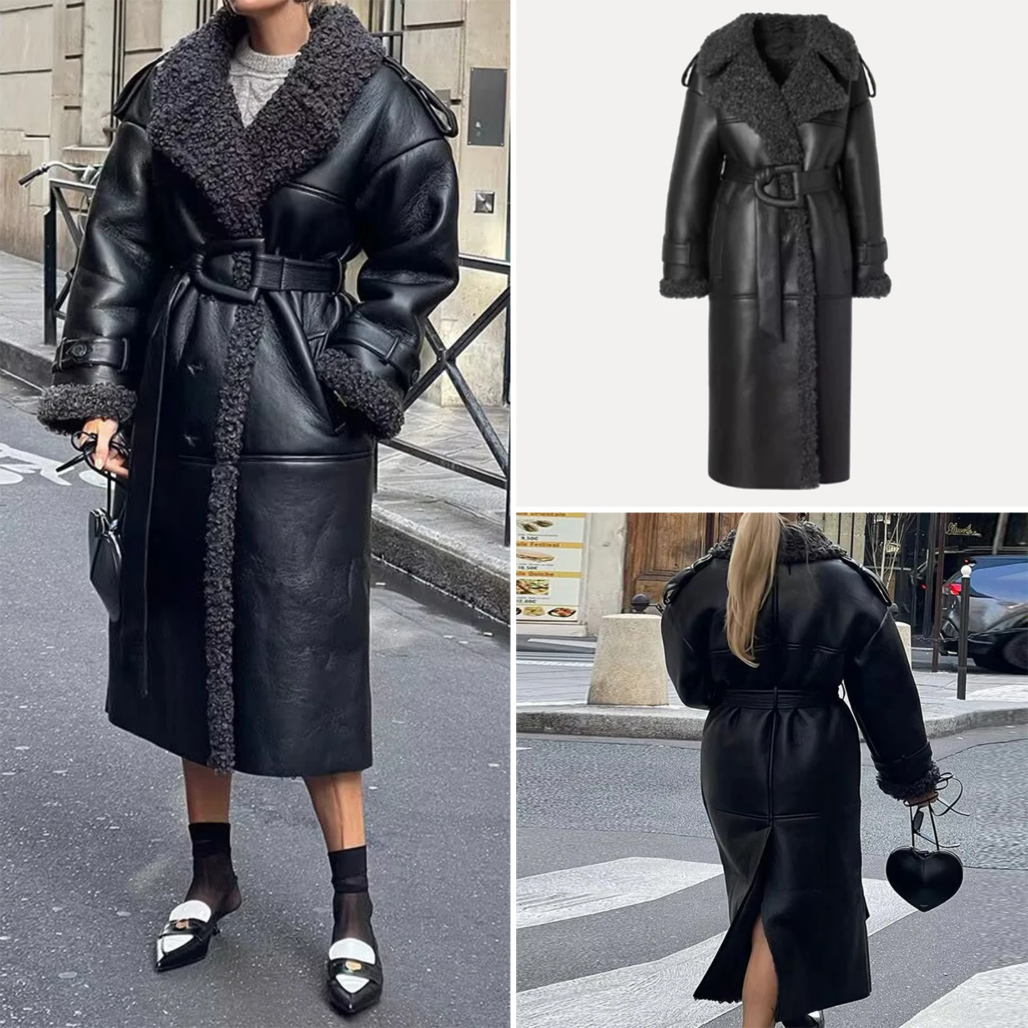 

Осень 2023, женское модное длинное теплое пальто из натуральной кожи с меховым воротником, Sli Commute Sle ket, свободный крой для молодежи