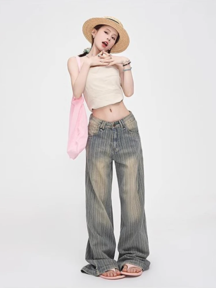 Y2K Low Waist Jeans Women American Retro Vintage Striped Slim Hanging Straight Wide Leg Floor Length Pants