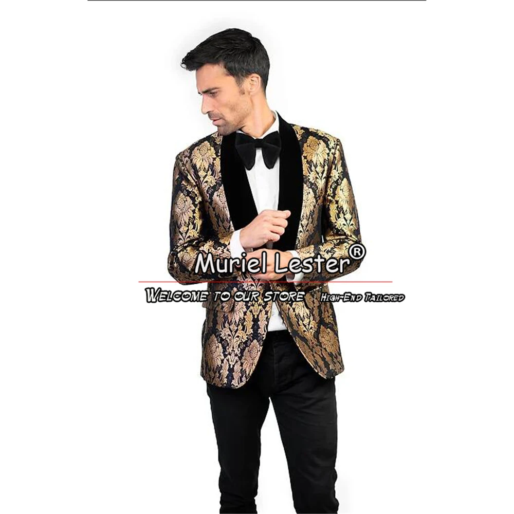 Black Gold Men Suits Embroidery Floral Peaked Lapel Groom Wedding Tuxedos 2 Pieces Sets Male Prom Blazer Slim Fit Costume Homme