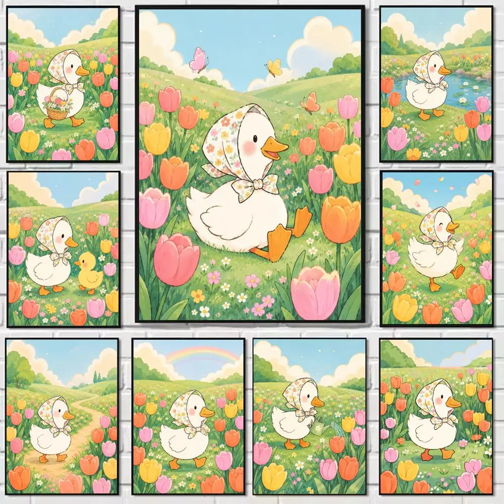 Duck In Flowers Wall Art Poster Modern Waterproof HD Wall Art Decal Self-Adhesive Aesthetic Decor For Home Living Room