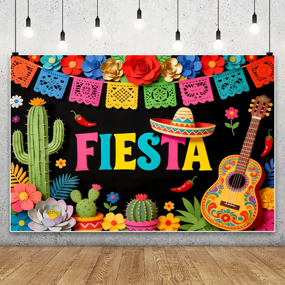 Mexico Fiesta Photography Background Cactus Straw Hat Guitar May 5th Cinco DeMayo Adult Carnival Festival Party Photo Backdrop