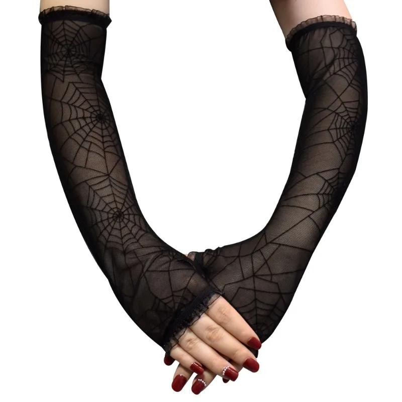 1Pair Women Halloween Fingerless Long Gloves Rhinestone Spider Web Arm Warmer Mittens Cosplay Costume Accessories Party