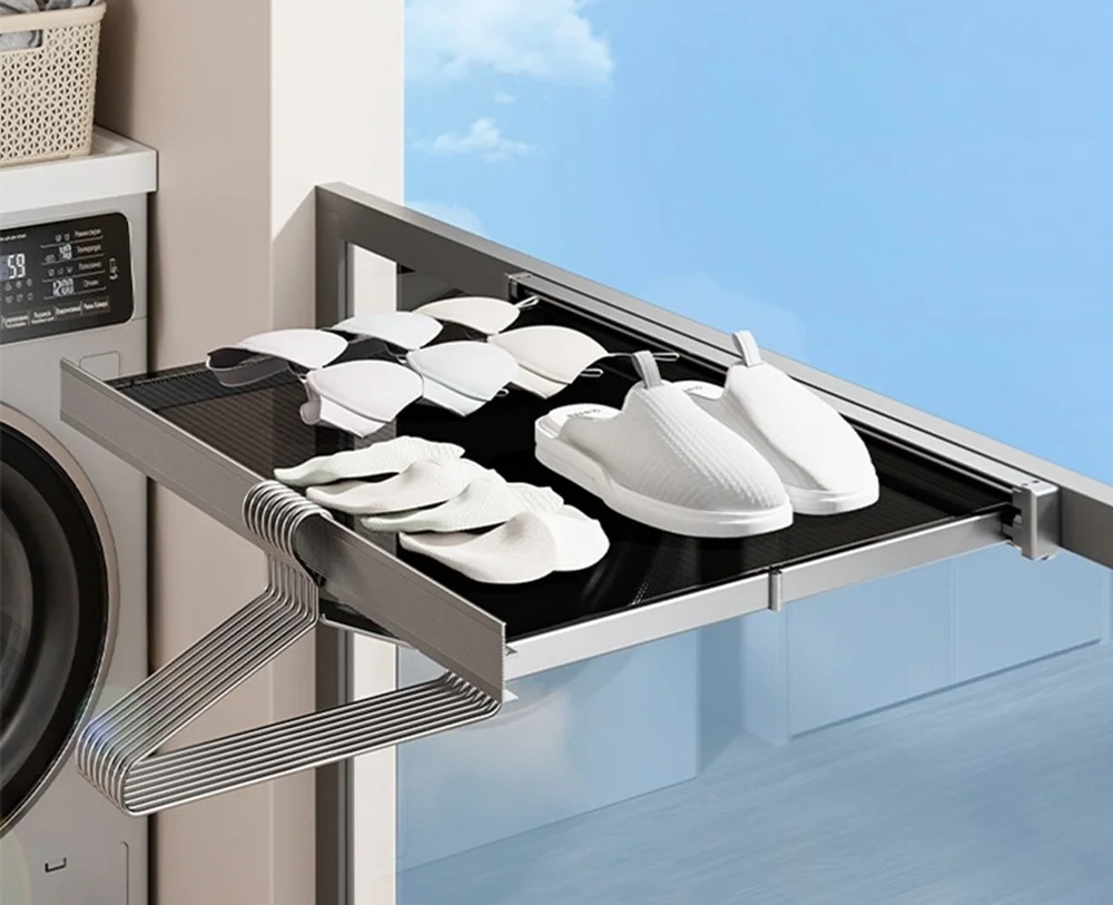 

No Drill Wall Mounted Clothes Drying Rack Foldable, Stretchable Window Clothes Dryer with Hooks for Laundry,Bathroom,Balcony