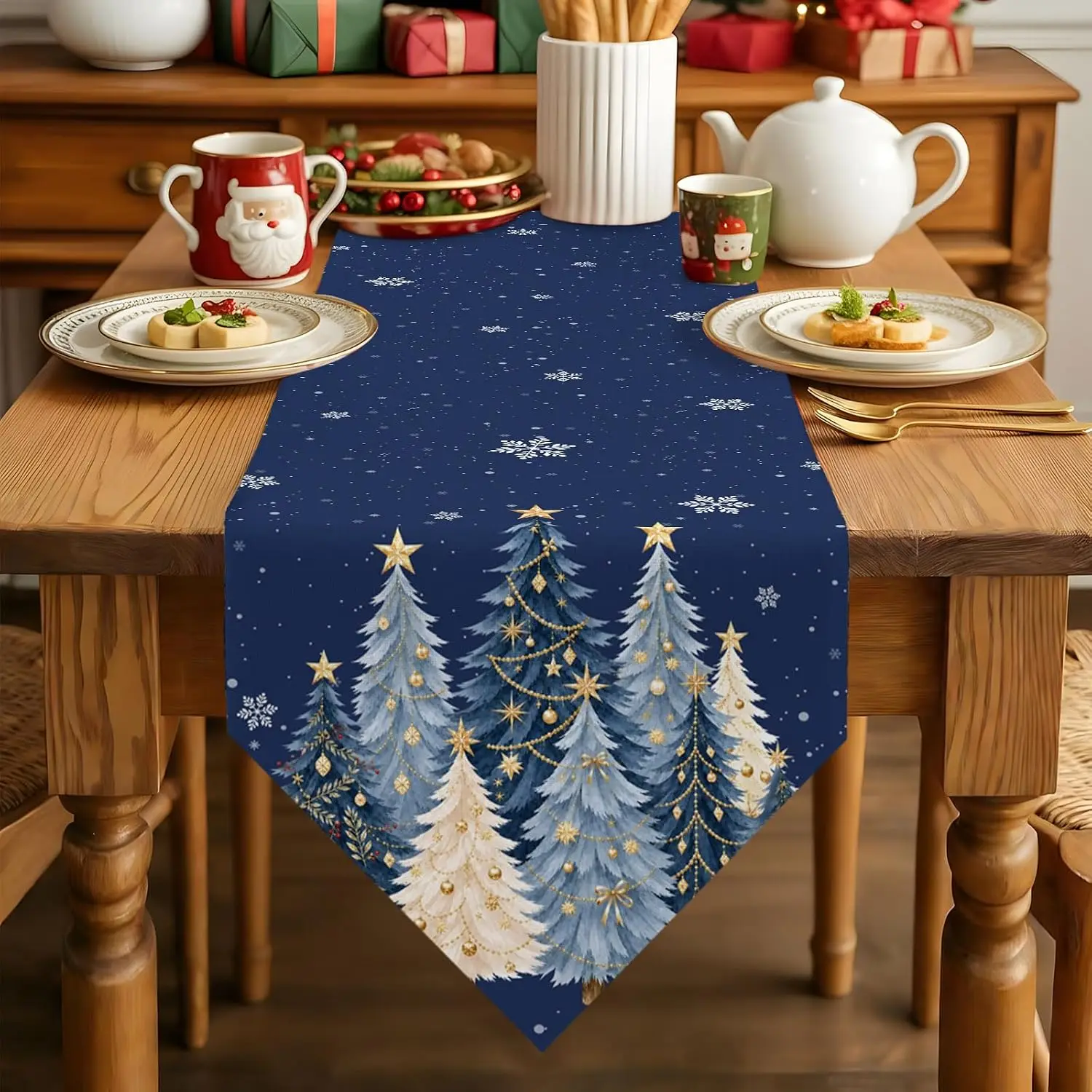 VIKAMA Christmas Table Runner Navy Blue Watercolor Xmas Tree Gold Ornament Snowflake Decorative Washable Kitchen Dining Holiday