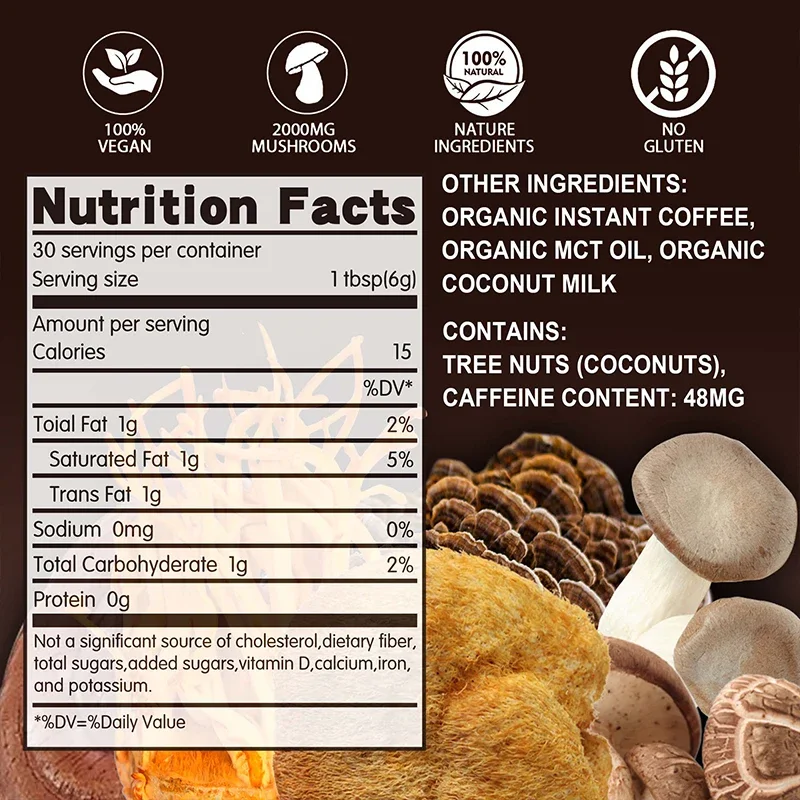 Complément de café champignon crinière de Lion avec Reishi, Cordyceps et queue de dinde, énergie, clarté et concentration mentale, rehausseur de cerveau