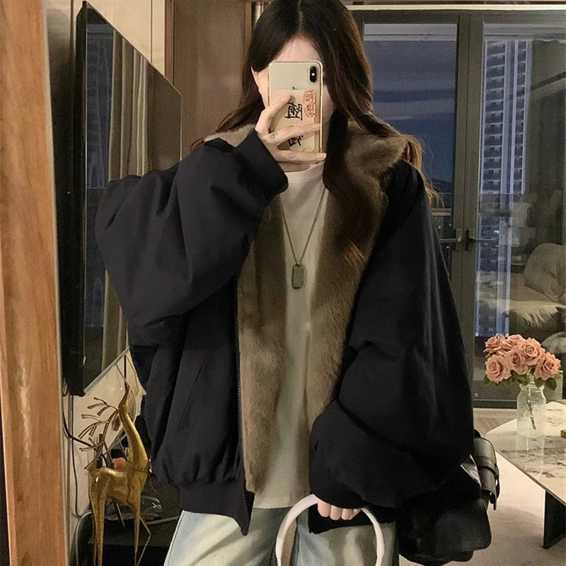 Plus Velvet Thick Warm Winter Double Sided Wearable Parka Coats Fleece Hooded Casual All-match Loose Women Cotton Padded Jackets