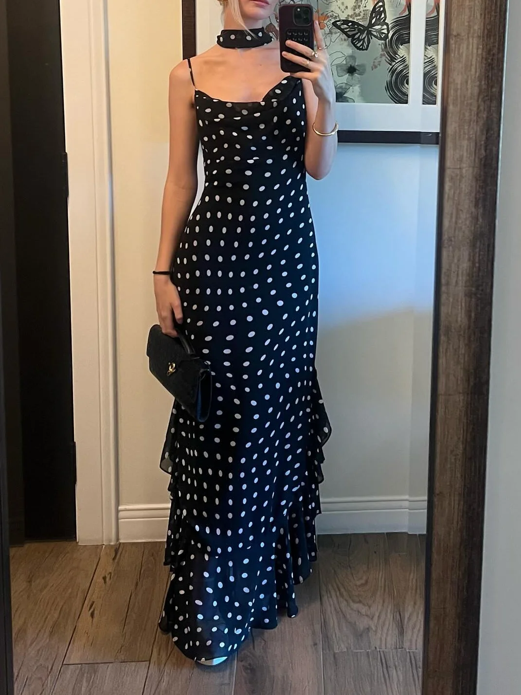 Sexy Club Fashion Women Dress Polka Dot Sleeveless Scarf Neck Backless Zipper Long Ruffle Dress New Fashion 2025 Summer Dress